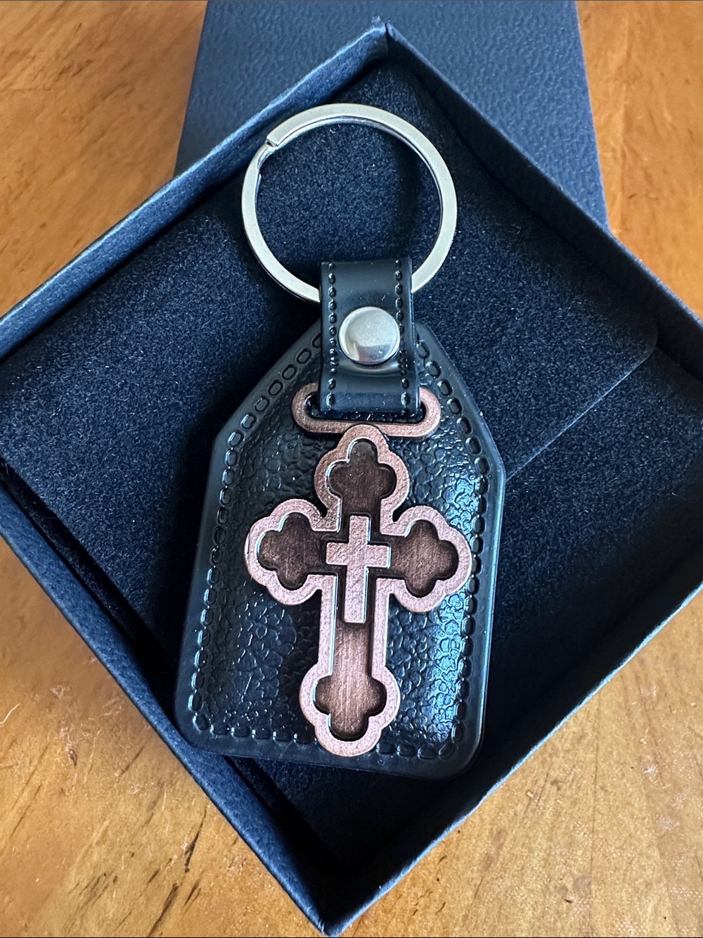 Hand Crafted Black Leather Key & Card Holder with Copper Cross